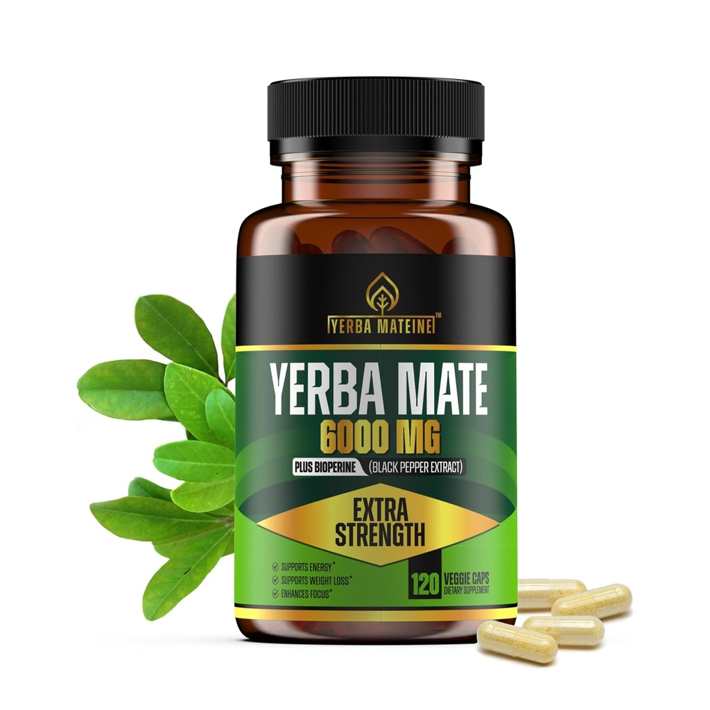 6000mg Extra Strength Yerba Mate High Potency, 60mg de caféine par gélule, Suppléments d'extraits pour l'énergie naturelle propre, meilleure concentration, nootropique, fabriqué aux États-Unis - 120 capsules