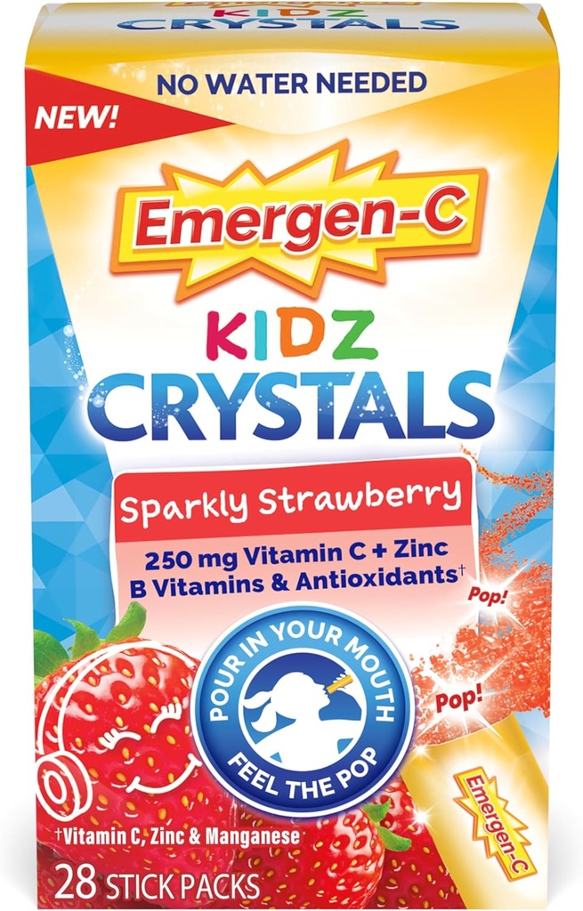Emergen-C Kidz Crystals, supplément de soutien immunitaire sur le pouce avec vitamine C, vitamine B, zinc et manganèse, fraise étincelante - 28 Stick Packs