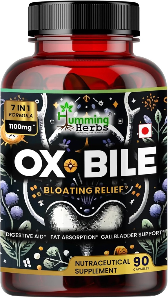 Humming Herbes Bile à Ox avec enzymes digestives et pré/probiotiques 90 capsules de légumes Acide cholique, Inuline, HCl bétaïne, menthe poivrée, bromelain Digestion saine et absorption nutritive - Supplément de sels biliaires