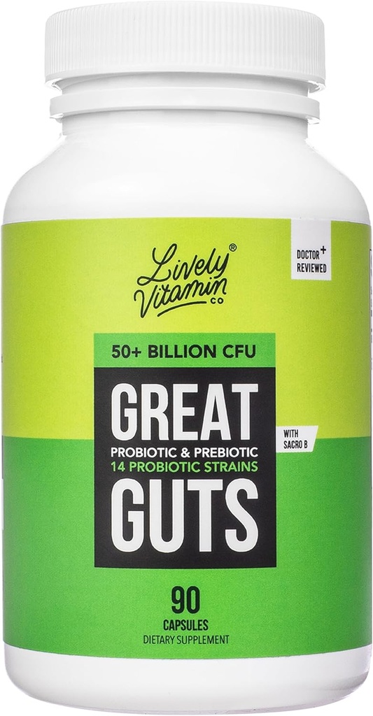 VITAMIN VITAMINE CO. Great Guts Probiotic 50 milliards CFU Probiotic - Balance Gut Microbiome, GI Tract, Inflammation, Indigestion, Reflux, Estomac relevé et Diarrhée - 90 capsules