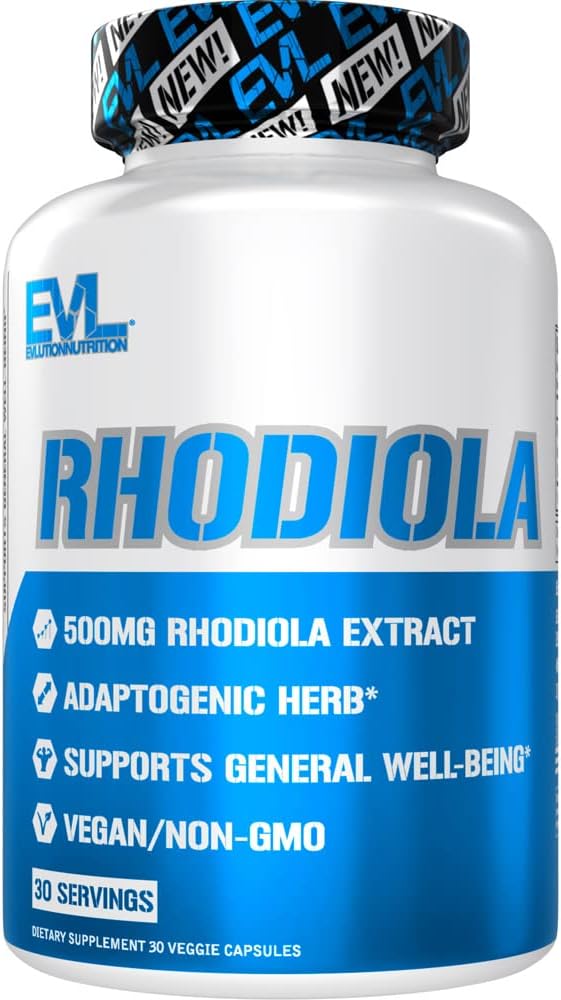 Herbal Adaptogen Rhodiola Rosea Capsules - Supplément de 500mg Rhodiola pour l'énergie focus et le soutien de l'humeur - Supplément de stress calmant EVL avec des vitamines de Focus Cerveau pour les adultes - 30 Capsules Vegan