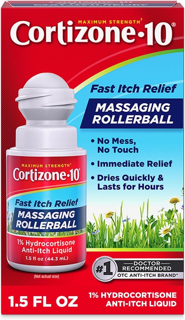 Cortizone-10 Relief de démangeaison de résistance maximale Balle de masse, 1 % d'hydrocortisone, liquide anti-démangeaison à action rapide pour les piqûres de bogues, Rash, Eczema, Psoriasis, Poison Ivy, Chêne, Sumac, 1,5 fl. oz