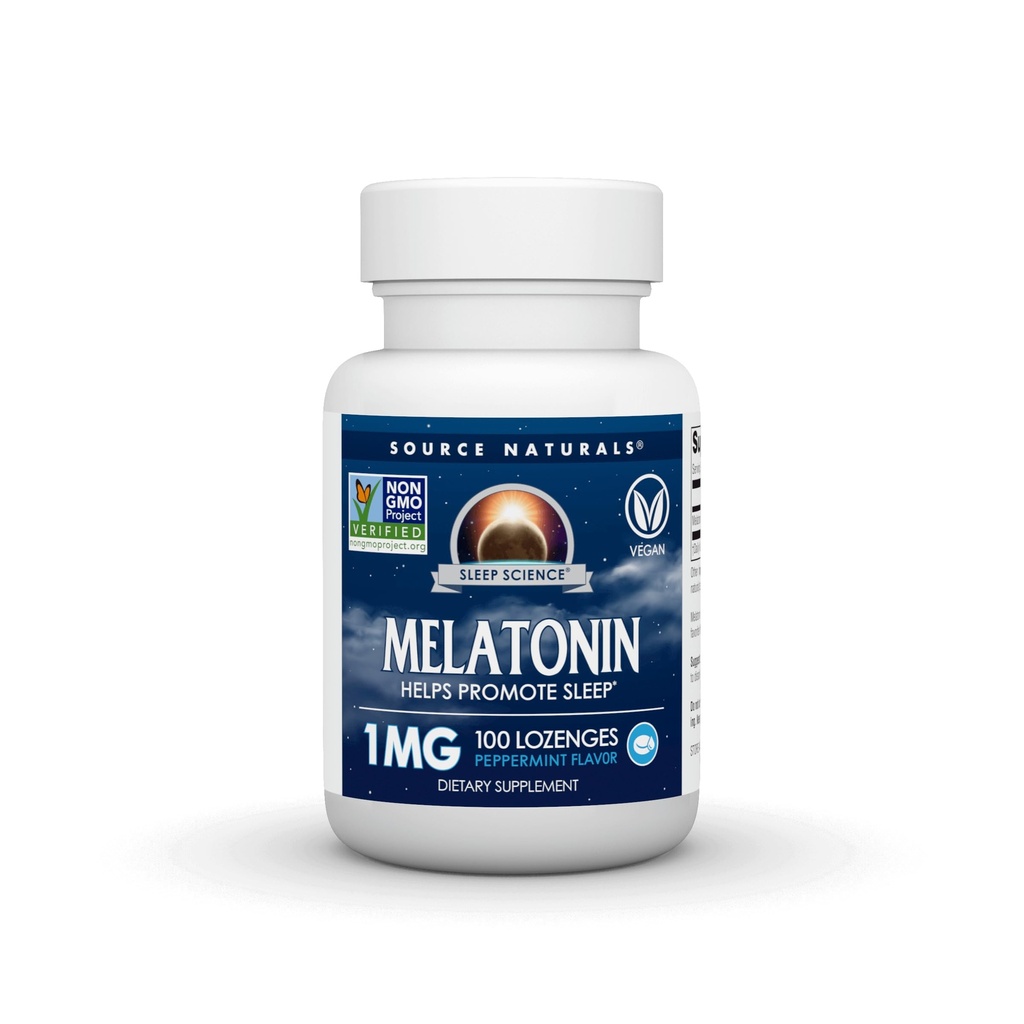 Source Naturelles Melatonine, 1 mg - 100 Lozanges aromatisées à la menthe poivrée