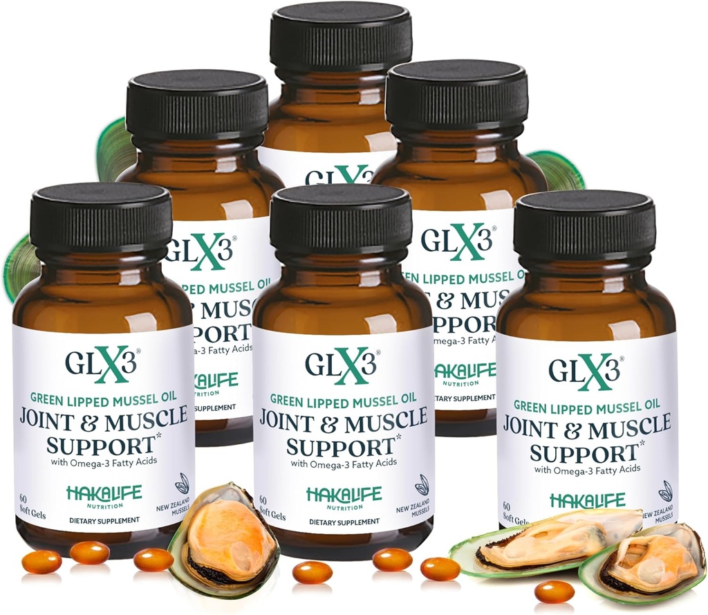 GLX3 Extra Strength Capsules d'huile de moules liquéfiées vertes - Supplément de confort pour articulations longue durée - Support pour les douleurs - naturellement riche en Omega 3 et Sulfate de chondritine 6 Pack