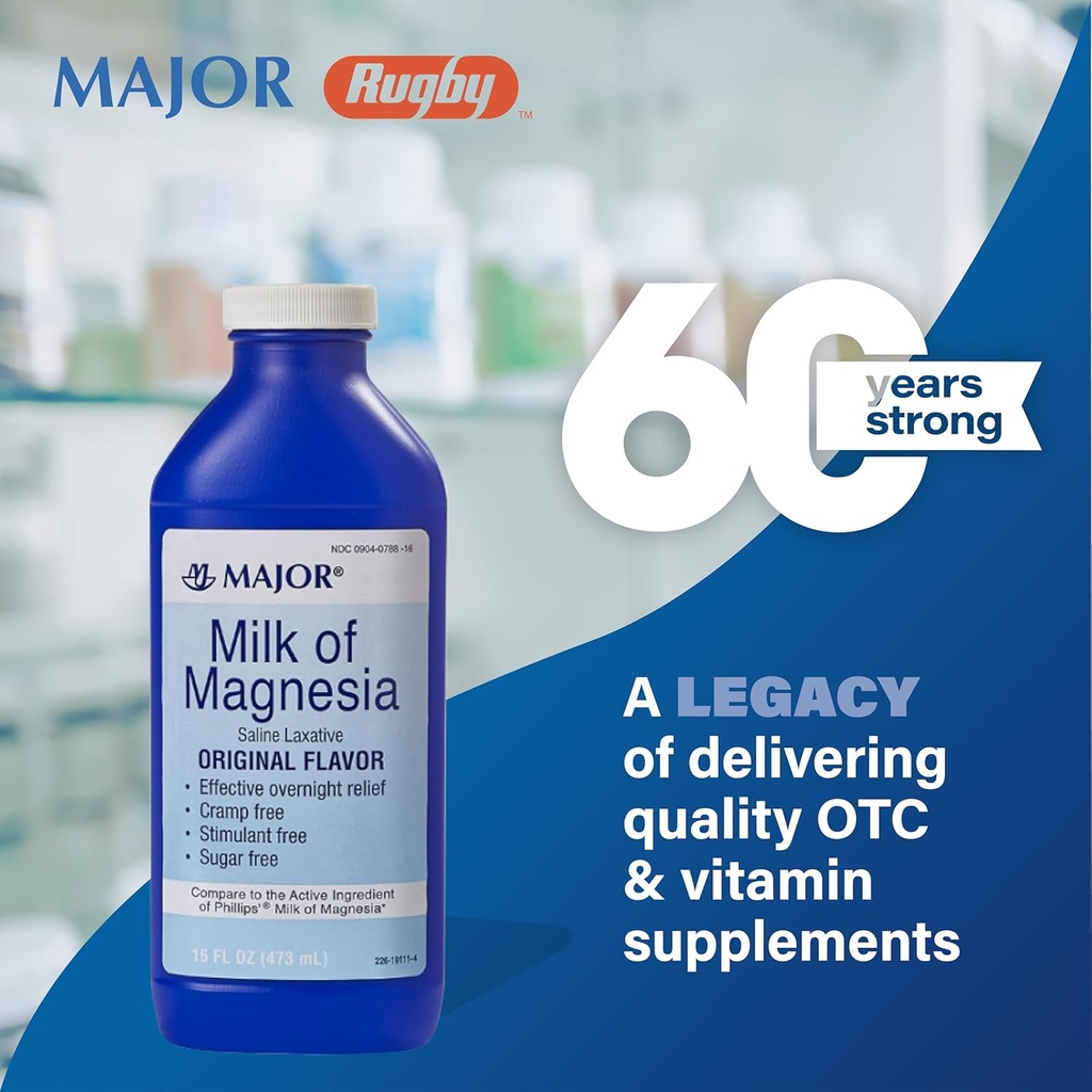 MAJOR Milk of Magnesia Saline Laxative - Original Flavor - Effective Overnight Relief - Stimulant-Free, Sugar-Free - 16 Fl Oz