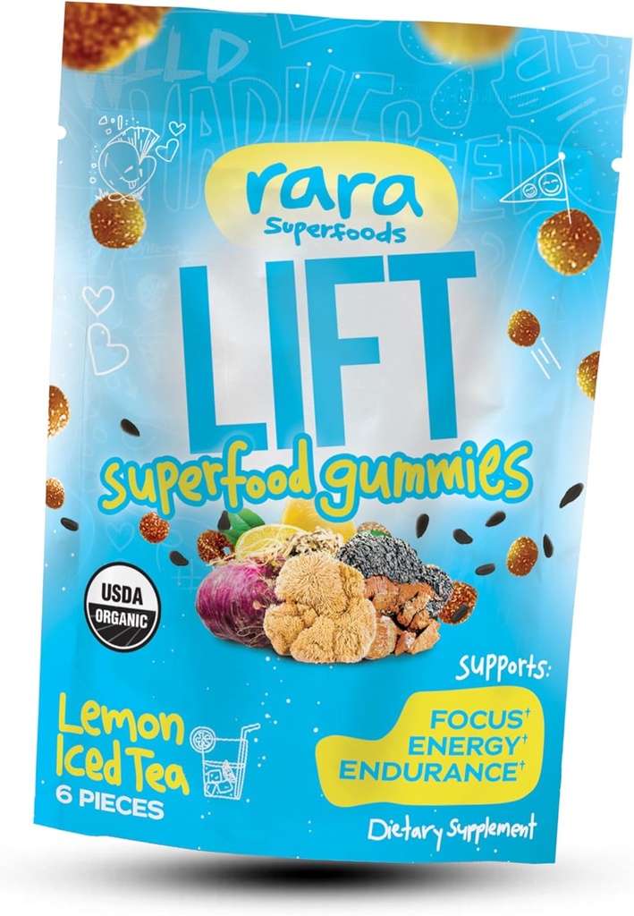 LIFT Focus Gummies certifiées biologique USDA – Supplément de soutien naturel au cerveau, végétalien et sans gluten, infusé avec Yerba Mate, Lion, Wild Purple Maca & Chaga (6 Gummies par sac, LIFT)