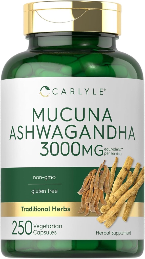 Carlyle Mucuna avec Ashwagandha, 3000mg, 250 capsules, supplément de Mucuna Pruriens, végétarien, sans OGM, sans gluten