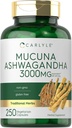 Carlyle Mucuna avec Ashwagandha, 3000mg, 250 capsules, supplément de Mucuna Pruriens, végétarien, sans OGM, sans gluten