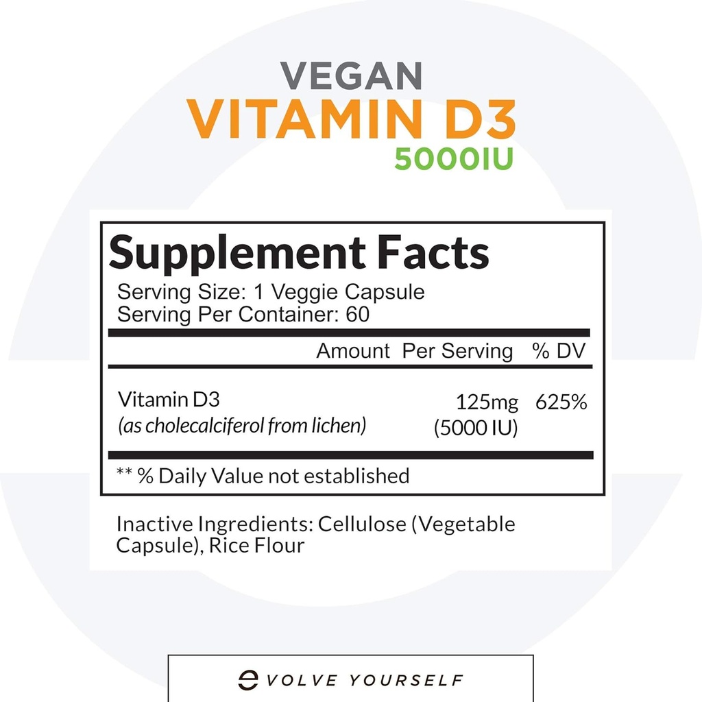 Vitamine végétale D3 5000 UI de supplément - Pure, haute puissance D3 Vitamine 5000 UI de supplément pour la santé immunitaire et les os forts support - 120 capsules, fournissant un approvisionnement de 2 mois de VIT D3