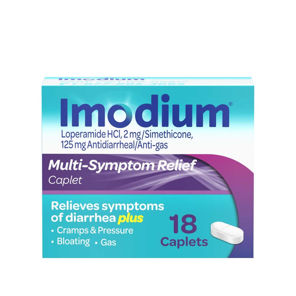 Imodium Multi-Symptome Relief Caplets, Loperamide Hydrochloride et Siméthicone Anti-Dirarrhée Médecine pour le soulagement de la diarrhée, du gaz, du gonflement, des crampes et de la pression, HSA/FSA Admissible, 18 ct