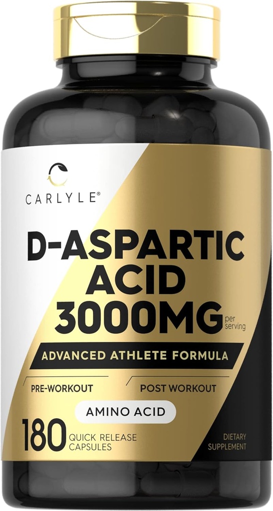 Carlyle D Supplément à l'acide aspartique pour hommes et femmes $ 3000mg $ 180 Capsules $ DAA Pills $ Formule athlète avancée $ Non-OGM & Supplément sans gluten