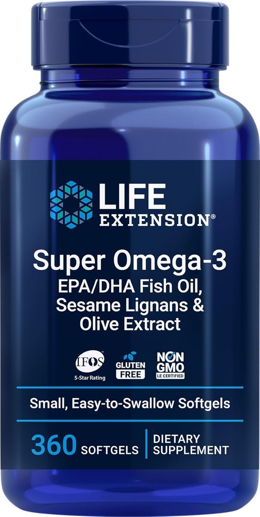 Extension de vie Super Omega-3 360 Softgels, facile à avaler, EPA/DHA Omega3 Huile de poisson, sésame Lignans et extrait d'olive
