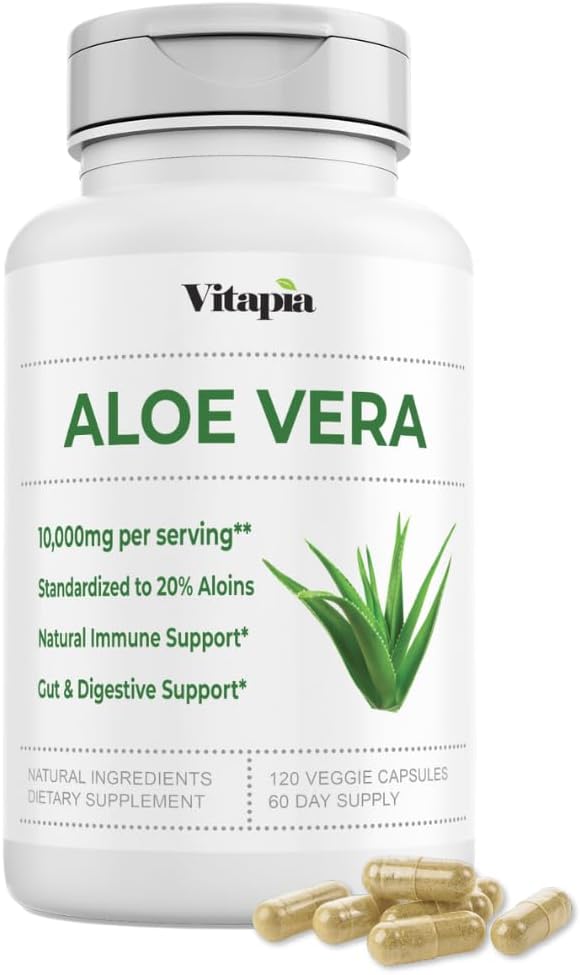 Organic Aloe Vera Capsules 20% Supplément Aloïns - Pure Inner Leaf Gel Concentrate - Digestive, Gut Health, Peau, Immune Support - 120 Compte - Non-OGM, Sans gluten, Vegan
