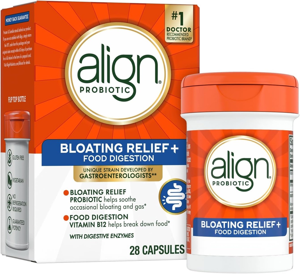 Align Probiotic Bloating Relief + Food Digestion, Probiotiques pour les femmes et les hommes, #1 Marque recommandée par le médecin, favorise la santé digestive et aide à soutenir le métabolisme des aliments*, 28 capsules