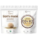 Micro Ingrédients Vitamine D3 10 000iu + K2 200mcg Huile de noix de coco Softgels & Lions Supplément de champignons de la Mane Poudre Bundle 2 Pack de Vitamines essentielles du soleil pour le cerveau, l'énergie et l'immu