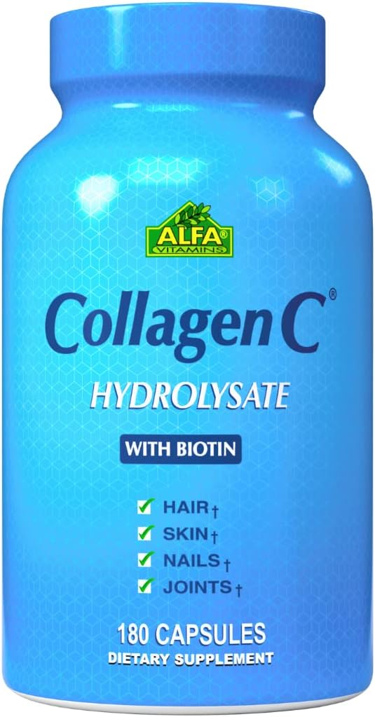 CollagenC - Collagen Hydrolysate Capsules avec Biotine par Alfa Vitamines - Supplément nutritionnel anti-âge pour la peau, les ongles et le rajeunissement des cheveux - Supports os et muscles - Fabriqué aux États-Unis - 180 capsules