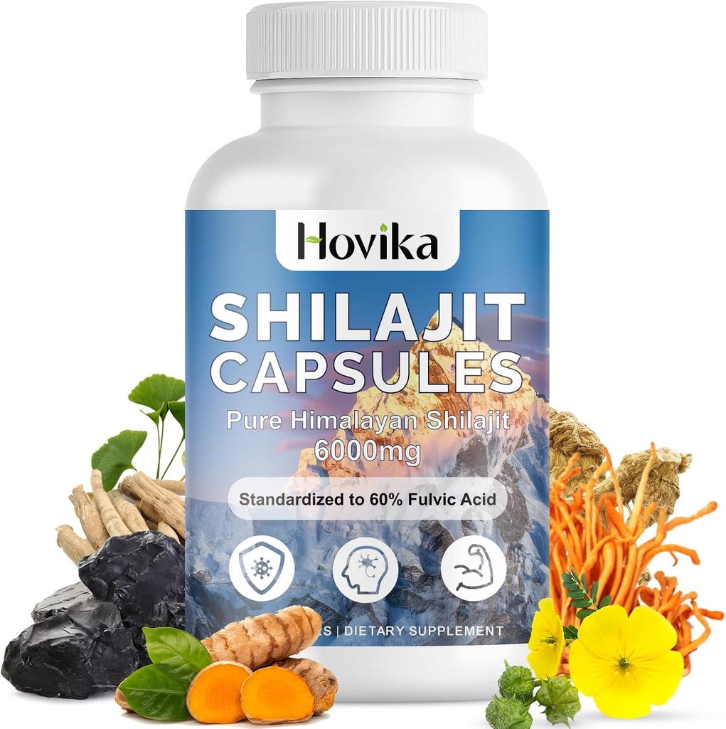 Shilajit Pure Himalayan 6000MG, Supplément de résine Shilajit pour hommes et femmes 60% Acide fulvic Shilajit Capsules avec Ashwaganhda, Maca, Rhodiola Rosea pour l'énergie, la force, l'immunité, 120 Capsules