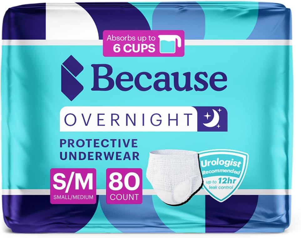 Parce que la nuit s'absorbe - sous-vêtements jetables d'incontinence pour adultes, slips de nuit extra absorbants pour hommes et femmes, blanc, petit/moyen, 80 comte (4 paquets de 20)