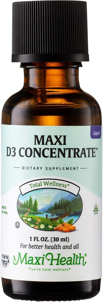 Maxi Health Vitamine D3 Concentrate - 1000 UI par goutte - Supplément alimentaire - soutient l'absorption de calcium, la santé immunitaire et la santé des os chez les femmes et les hommes adultes (1 fl oz)
