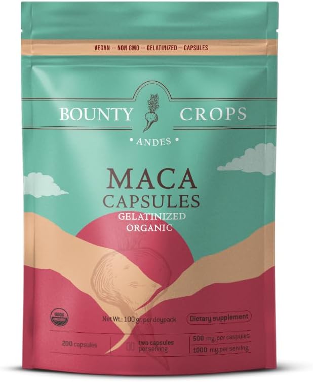 Bio en poudre de maca CAPSULES-1000 mg par portion, gélatinisé, non-OGM, 200 capsules véganes, noir, rouge et jaune de la maca péruvienne, support énergie et vitalité.