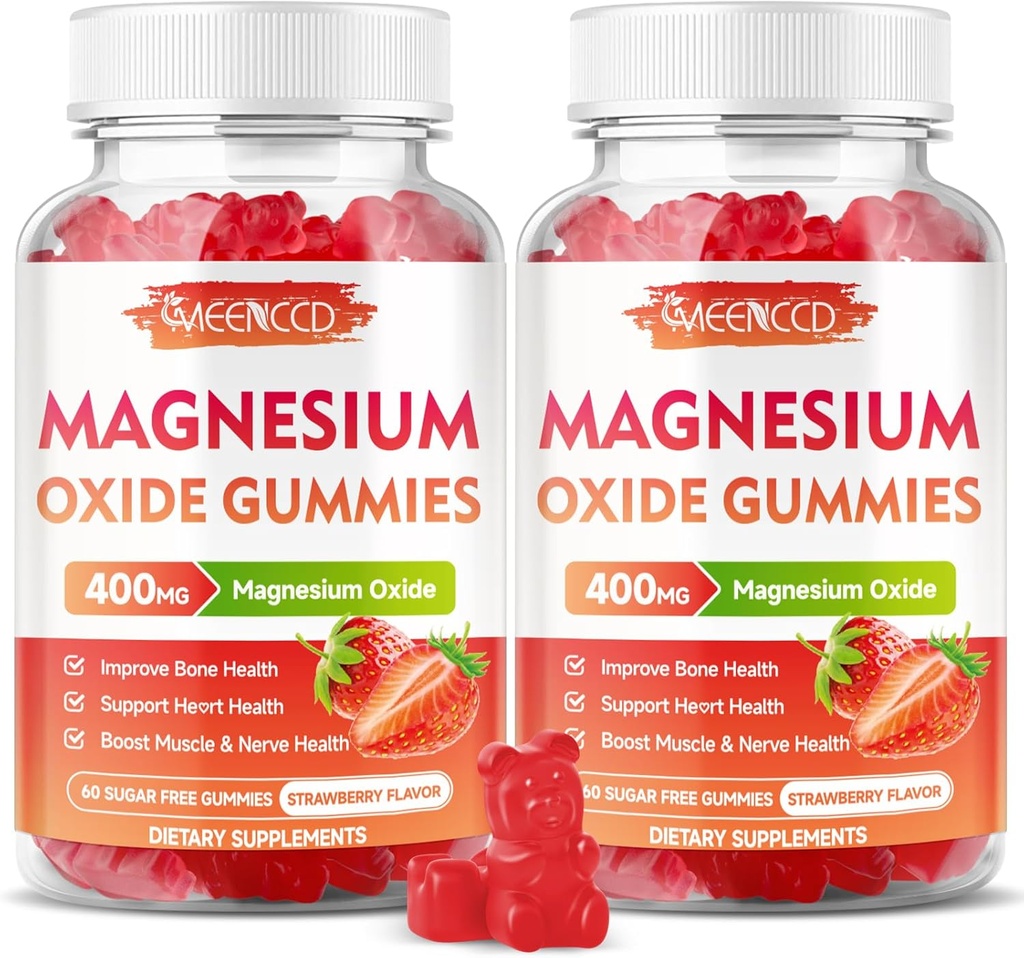 Gommies d'oxyde de magnésium de 2 paquets 400mg, Supplément d'oxyde de magnésium à croquer pour adultes et enfants, support nerveux et musculaire, non-OGM, sans sucre, saveur de fraise, 120 comte