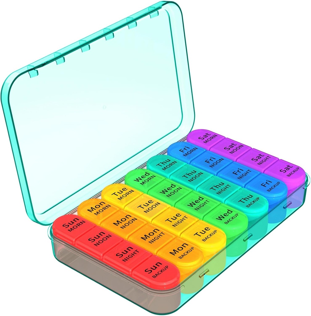 Daviky Pill Organizer 4 fois par jour, hebdomadaire Pill Box Travel Pill Case, Daily Medicine Organizer 7 jours, grand porte-conteneur de pilules pour contenir des vitamines, des pilules, des suppléments (Cyan)