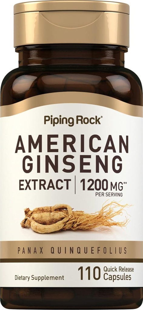 Pipping Rock Capsules de ginseng américain $ 1200 mg $ 110 Pills $ Supplément extrait de racine $ Panax Quinquefolius $ Non-OGM, sans gluten
