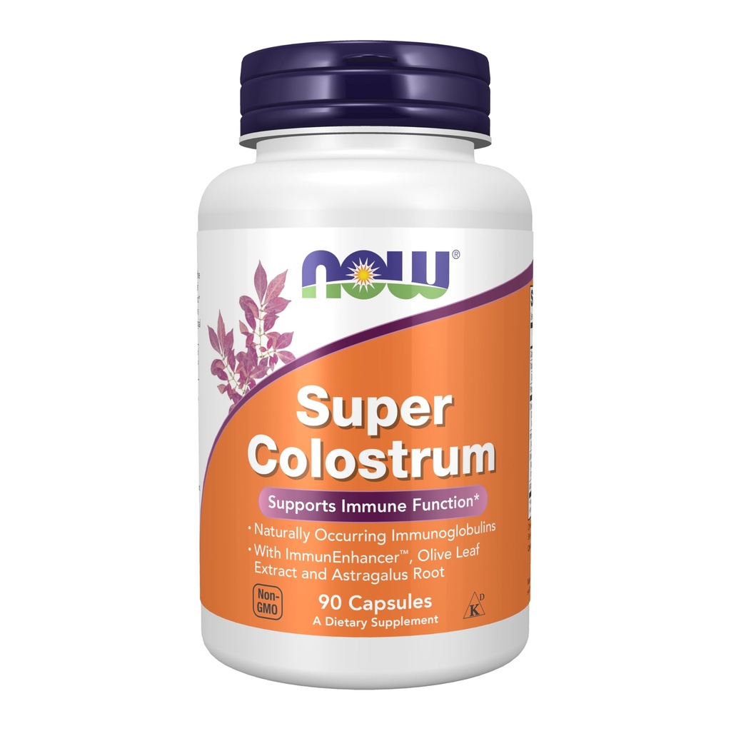 MAINTENANT Compléments alimentaires, Super Colostrum 500 mg, Immunoglobulines d'origine naturelle avec ImmunEnhancerTM, Extrait de feuille d'olive et Astragalus Root, 90 gélules