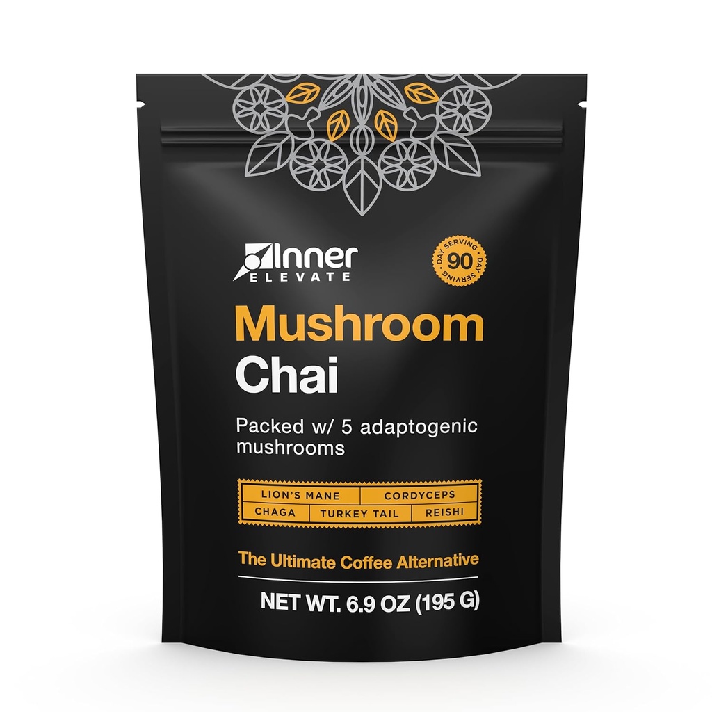 Chai de Champignon Élevé intérieur - Ultime Alternative de Café - Thé de Champignon Adaptogène avec Mane de Lion, Cordyceps, Chaga, Reishi, Turkey Tail (90 portions)