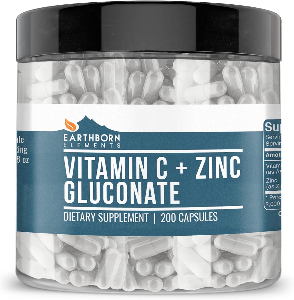 Éléments terriens Vitamine C Plus supplément de gluconate de zinc, (200 capsules) Soutien santé mixte, non OGM, sans gluten,