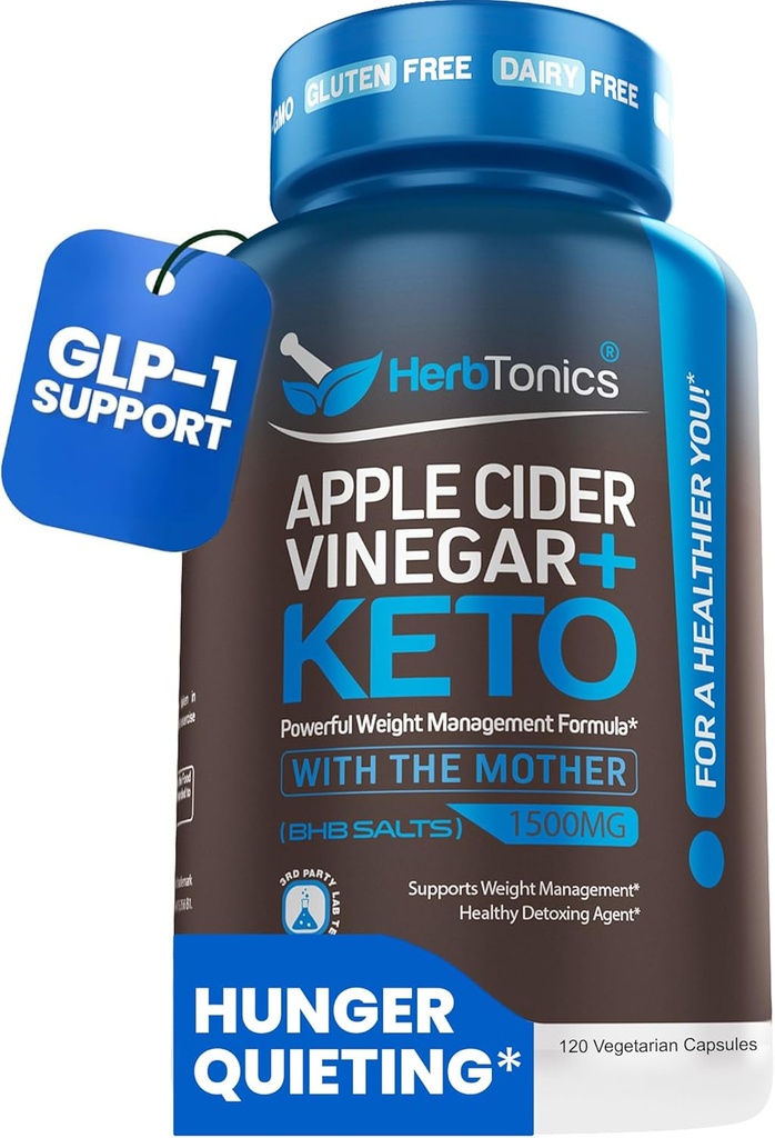 Herbtonics Apple Cider Vinegar with Keto BHB Salts - GLP-1 Support Supplement | Keto Diet Pills for Women & Men | Supports Appetite & Metabolic Function | 120 Keto ACV Capsules