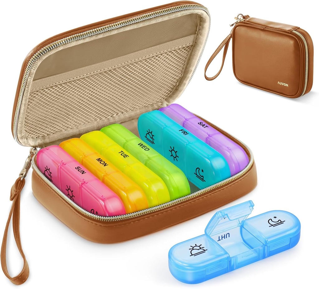 AUVON Weekly Pill Organizer 3 fois par jour, grande boîte à pilules 7 jours avec un sac en cuir PU, Protabel Travel Pill Cas Rappel de médicaments, Pill Box 3 fois par jour pour les vitamines, huiles de poisson, suppléments