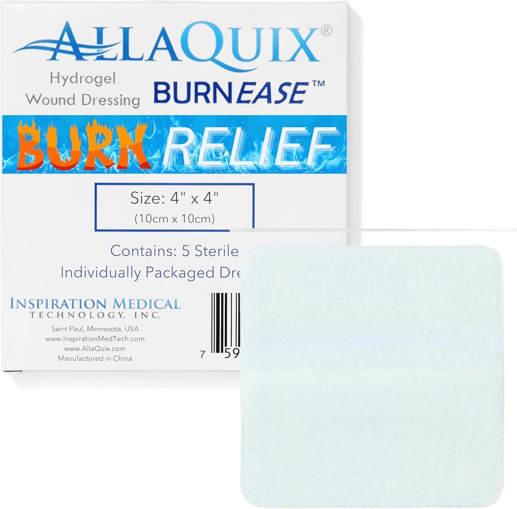 BurnEase™ Hydrogel Burn Dressing Pads by AllaQuix – XL 4" Sterile Pads (Box of 5) | Instant Cooling Relief for Burns, Scalds, Sunburn | Moist Wound Healing Gel for First Aid & Emergency Burn Care