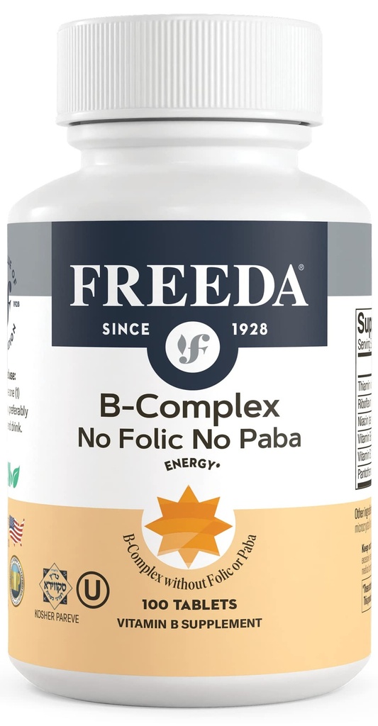 Complexe Freeda Vitamine B Non Folique Pas de PABA - Super B Complexe Casher Vitamine Supplément avec vitamine B1 Vitamine B2 Vitamine B3 Vitamine B5 Vitamine B6 Vit B12 - Vit B Complexe B pour les femmes et les hommes (100 Ct)