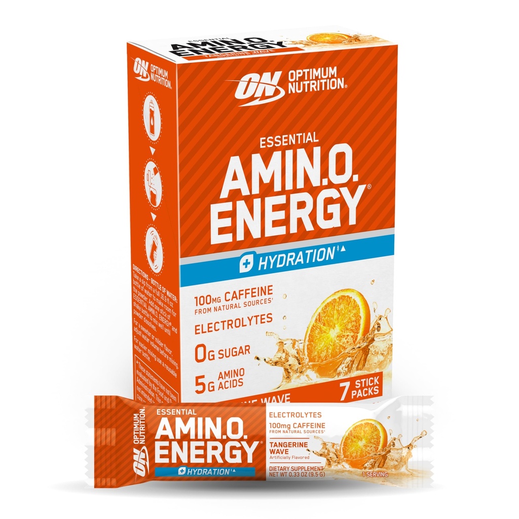 Optimum Nutrition Essential Amino Energy Plus Electrolytes Stick Packs, Energy Powder, Tangerine Wave, 7 Compte