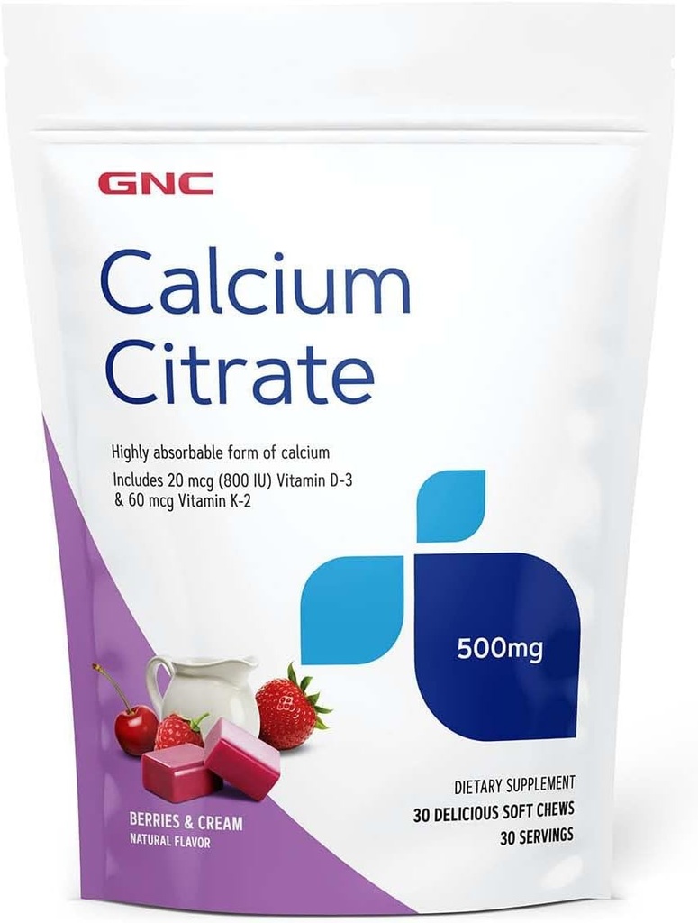 GNC Citrate de calcium 500mg Chews doux, forme très absorbante de calcium, baies et crème, 30 Compte