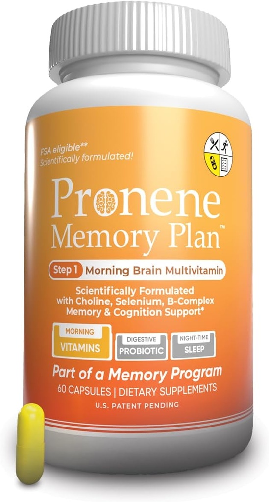 Plan mémoire PRONENE (60 ct) Cerveau du matin Multivitamines. Supplément nootropique avec/Choline, Sélénium, Resvératrol, D et B Vitamines.