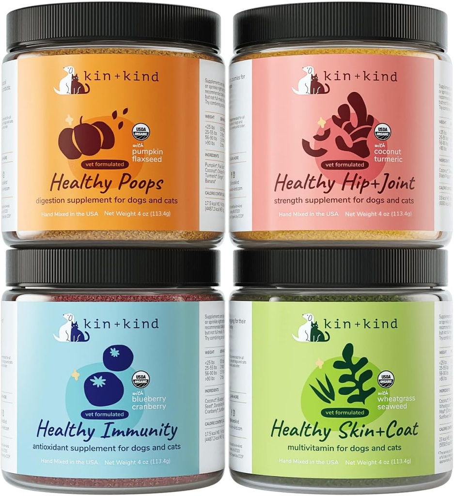 kin+kind Superfood Supplement Set pour chiens et chats - Boost Immunity, favorise la santé de la peau et du manteau, de la hanche et des articulations, saine digestion - Fabriqué aux États-Unis - Superset (4 x 4 oz)