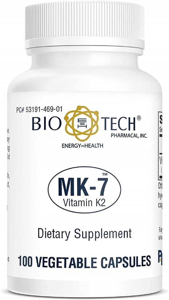 Bio-Tech Pharmacal MK-7 (Vitamine K2), 100 capsules végétales – Supplément tout naturel – Soutient la santé cardiovasculaire et osseuse – Pas de laiterie, poisson, gluten, arachide, mollusques, OGM, casher, halal et soja –