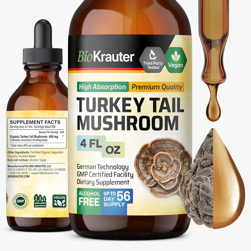 BIO KRAUTER Turquie Tail Mushroom Supplément - Turquie Tail Extract pour le soutien immunitaire - Vegan, alcool et sucre gouttes sans 4 Fl.Oz.