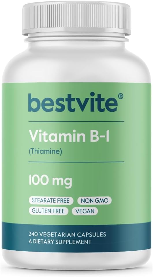 BESTVITE Vitamine B-1 100mg (240 Capsules végétariennes) - Pas de stéarate - Pas de phosphate de dicalcium - Vegan - Non OGM - Sans gluten