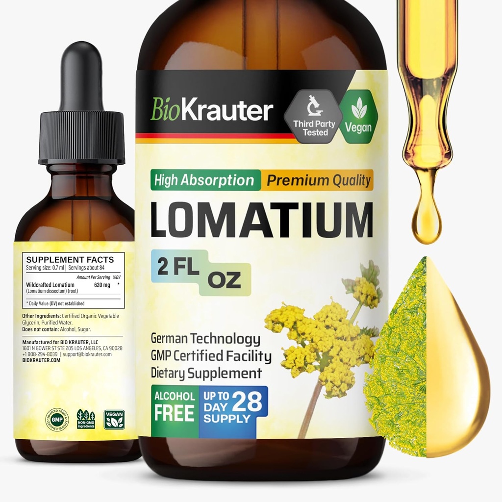 BIO KRAUTER Teinture de racine de lomatium - Supplément de soutien respiratoire végétalien - Lomatium Dissectum Extrait liquide - Sans alcool et sans sucre - 2 Fl.Oz.