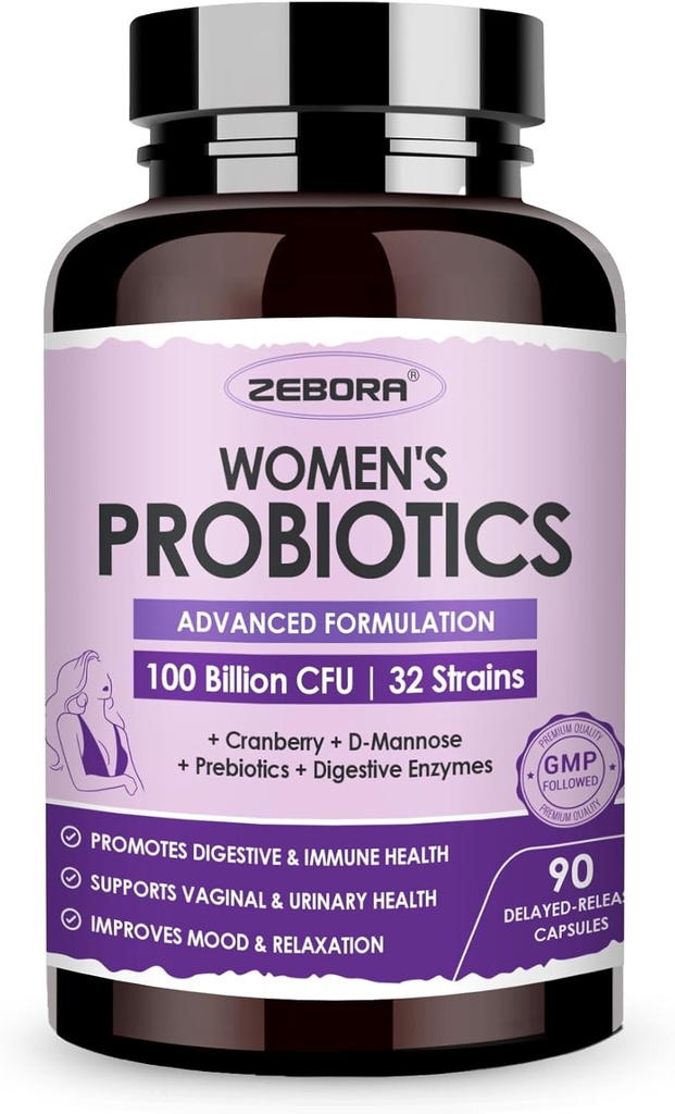 ZEBORA Probiotiques pour les femmes de la santé digestive avec enzymes et prébiotiques 100 milliards d'UFC Probiotiques vaginaux avec D Mannose et canneberge
