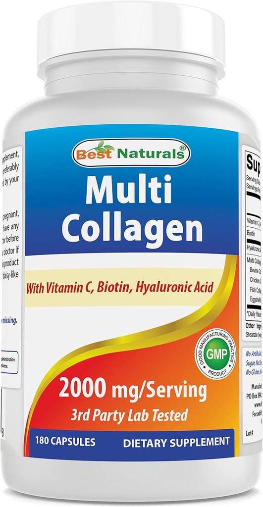 Best Naturals Multi Collagen Pills 2000mg pour les femmes et les hommes - Hydrolysed Collagen Peptides Capsules pour la peau des cheveux et les ongles avec les types I II III V X, Biotine, Hyaluronique Acid & Vitamine C