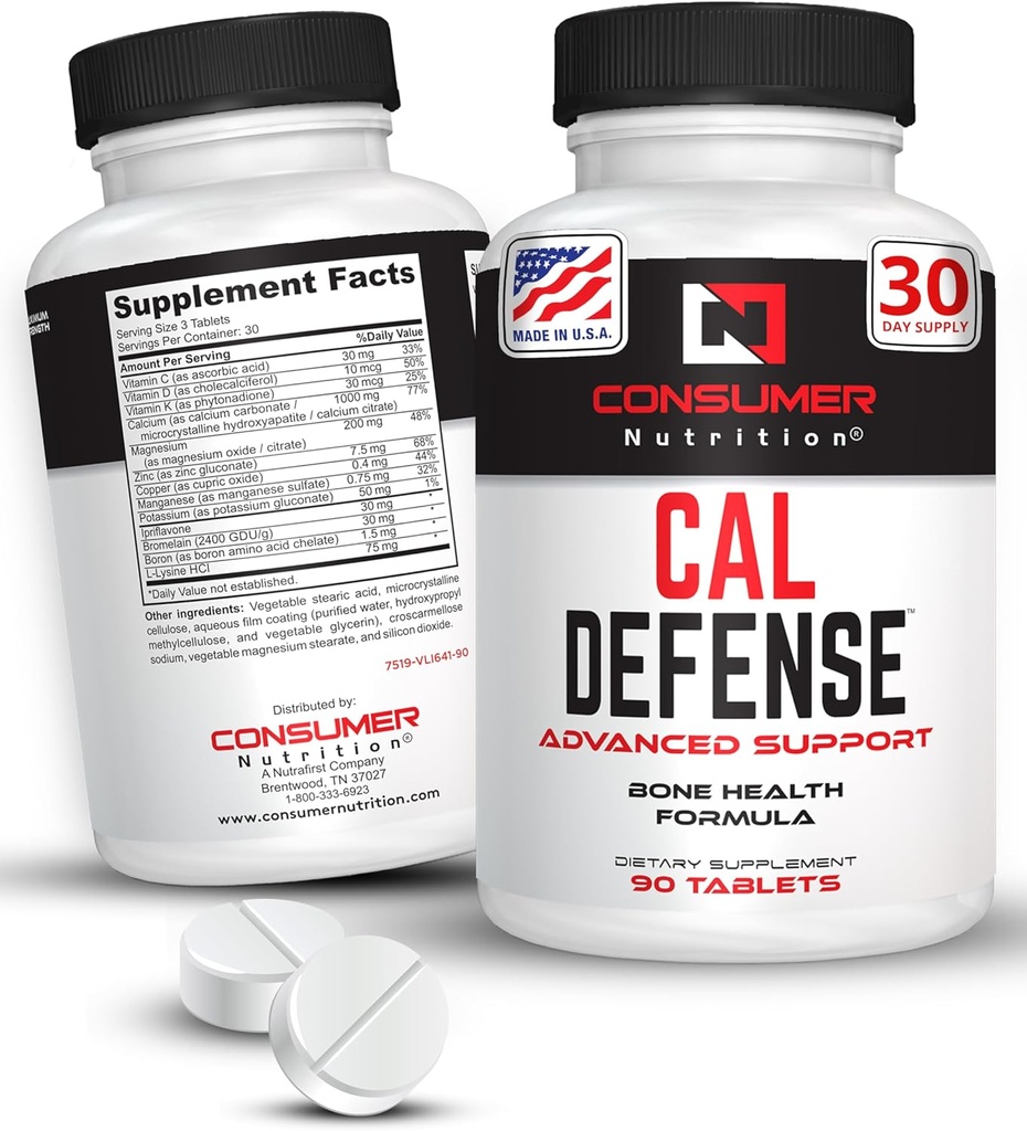 Supplément pour les os - Cal Defense Bone Strength Calcium Suppléments pour les femmes et les hommes - avec du calcium avec vitamine D, C, K, Magnésium, Bromelain et Iprimlavone pour les os plus forts 90 comprimés de calcium