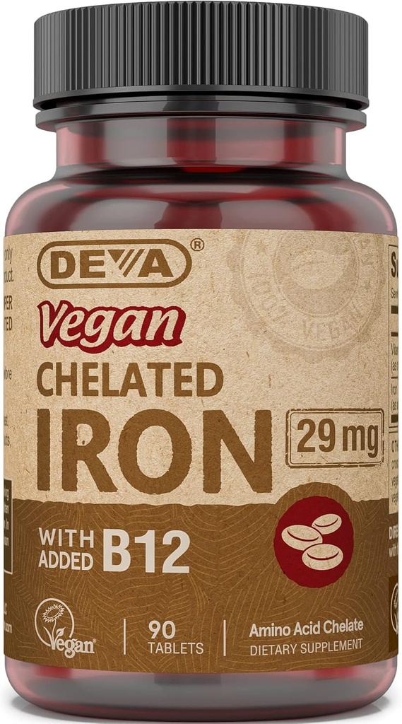 Deva Nutrition Fer chélaté végétalien 29 mg Fortifié avec B-12 - haute puissance, facile à avaler - 90 comprimés, 1-paquet
