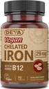 Deva Nutrition Fer chélaté végétalien 29 mg Fortifié avec B-12 - haute puissance, facile à avaler - 90 comprimés, 1-paquet