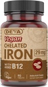 Deva Nutrition Vegan Chelated Iron 29 mg Fortified with B-12 - High Potency, Easy to Swallow - 90 Tablets, 1-Pack