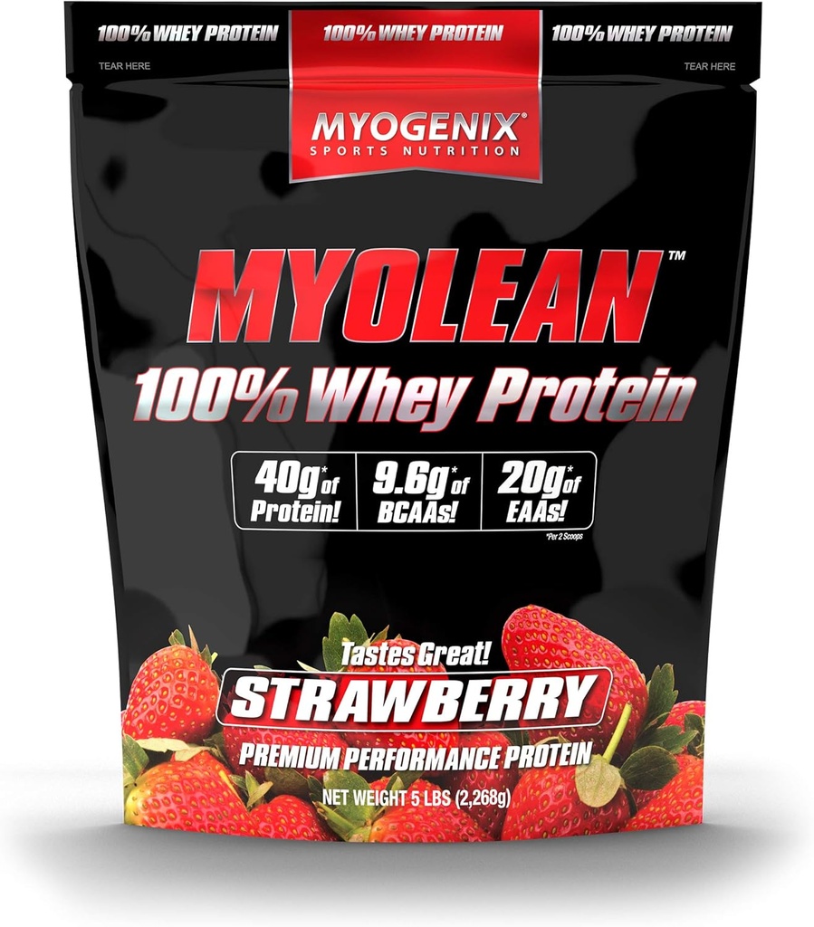 Myogenix Myolean – 100% Whey Protein Powder – 40g Protein per Serving – Low Carb – Ideal for Smoothies, Meal Replacement Shakes, Pre Workout & Post Workout Shakes – Strawberry (5lbs)