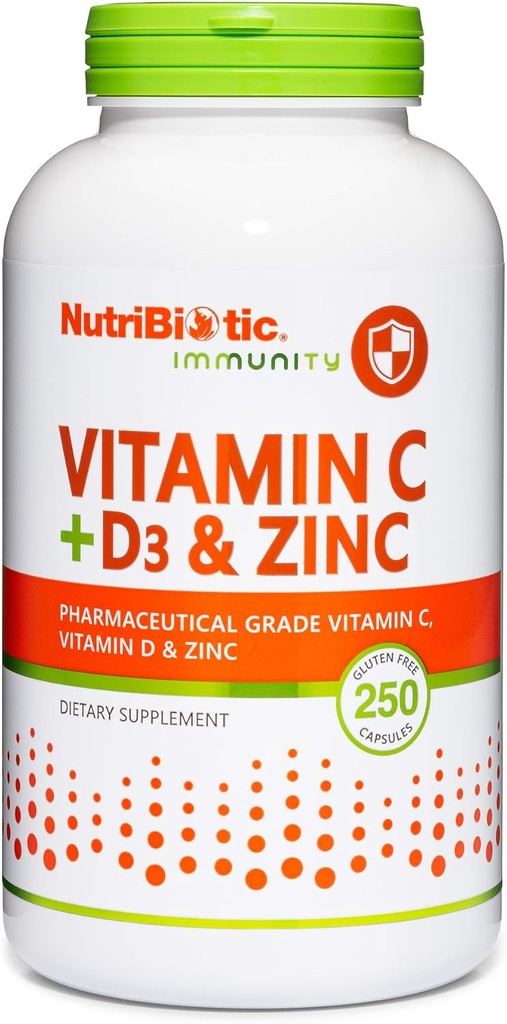 NutriBiotic – Vitamin C + Vitamin D3 & Zinc, 250 Capsules | Potent, Comprehensive Immune Support | Essential & Antioxidant Daily Supplement | Gluten & GMO Free
